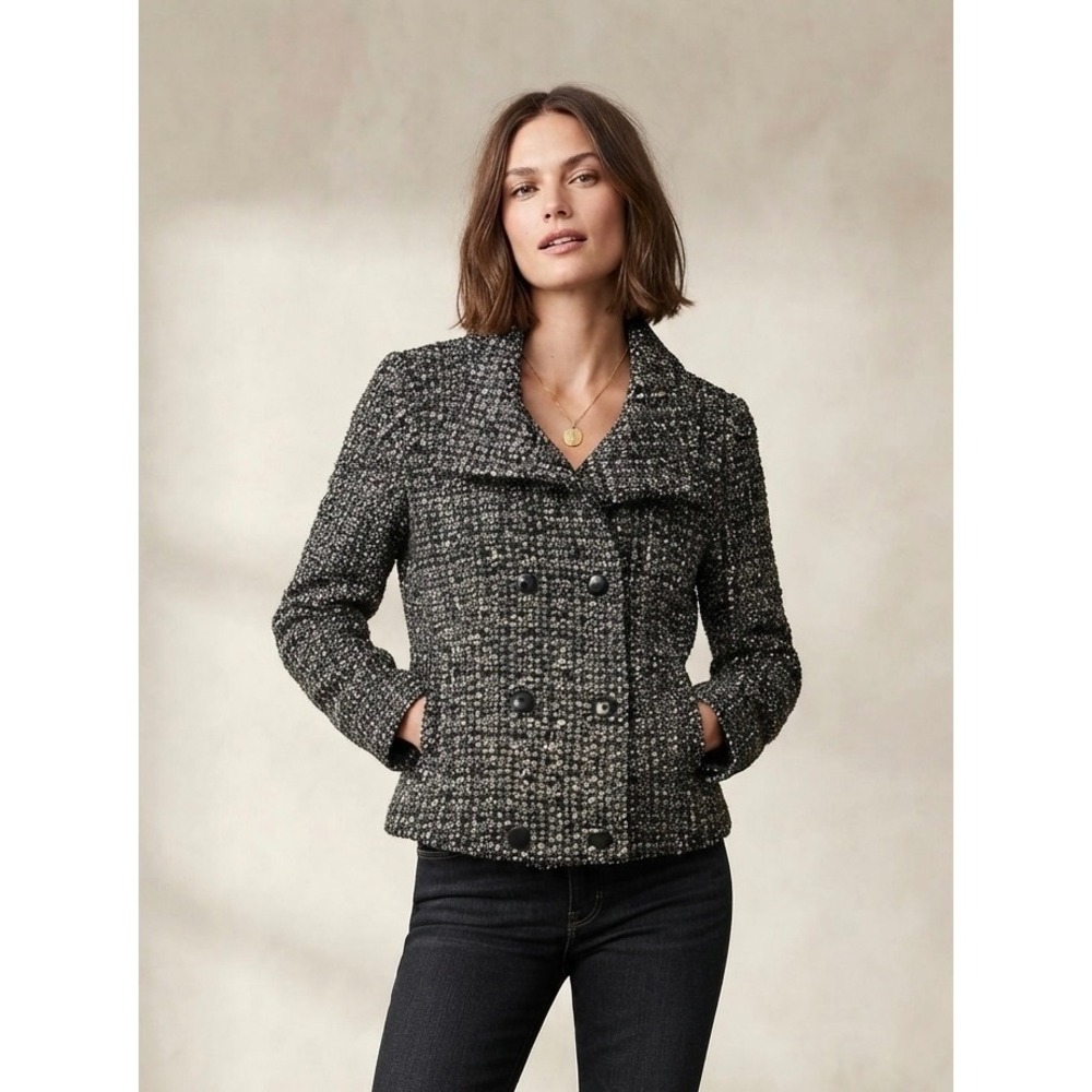 Y2K Gap Tweed Pea Coat Jacket Women XS Black Double Breasted Cropped 2000s
